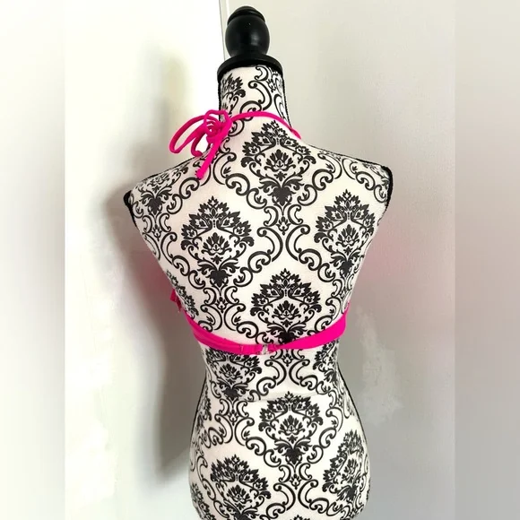 Op Women’s Hot Pink Laser Cut Eyelet Ruffle Halter Neck Bikini Top L - Picture 2 of 8